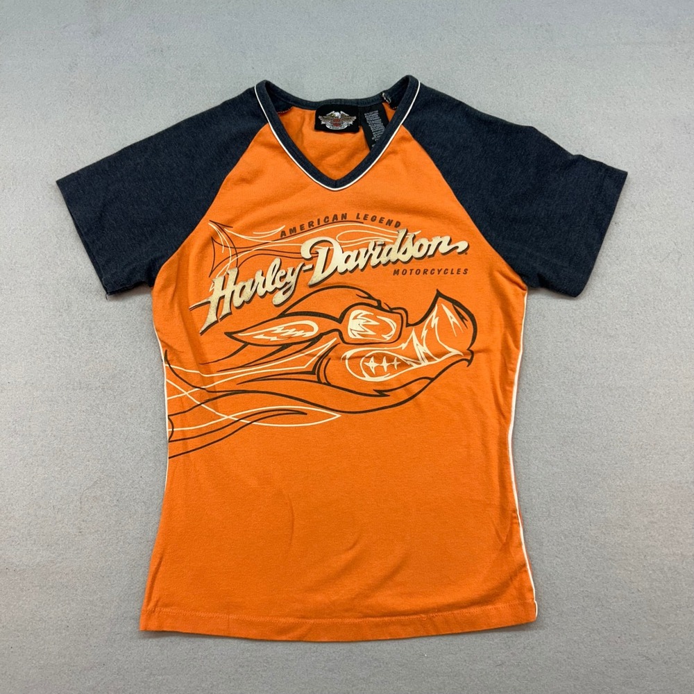 Harley-Davidson American Legend Raglan V-Neck Graphic T-Shirt Orange Gray Size M